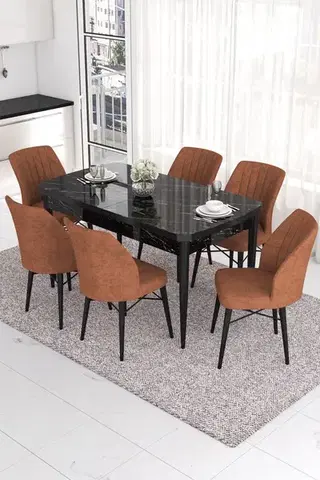 Jedálenské sety Extendable Dining Table & Chairs Set (7 Pieces) Eva - Black Marble, Tile Red