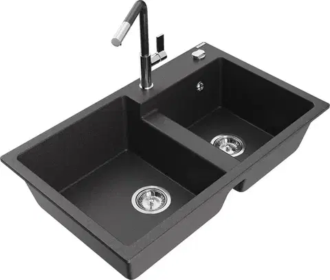 Kuchynské drezy MEXEN/S MEXEN/S - Tomas granitový drez 2-bowl vrátane batérie Flora, čierna kropenatá 6516-76-670401-08