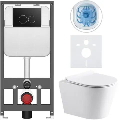 Záchody CERANO - Kompletný WC set Basic/Carlito - biela lesklá - WC tlačidlo Dualo/Čierna - závesné - predstenová inštalácia - 48,5x36,5 CER-8050BD86023