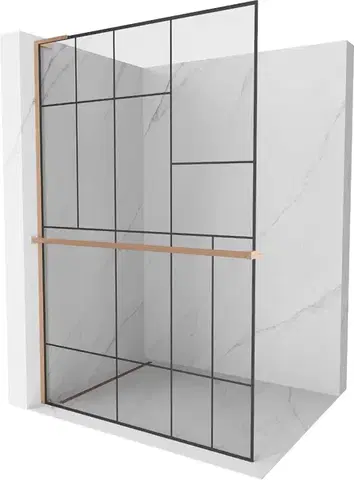 Sprchové dvere MEXEN/S - Kioto+ L Sprchová zástena WALK-IN s poličkou a držiakom uterákov 100 x 200, čierny vzor, meď kartáčovaná 800-100-123-65-78
