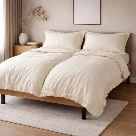 Obliečky Obliečky bavlnené s Volánikom krémové 200x140cm+90x70cm TiaHome