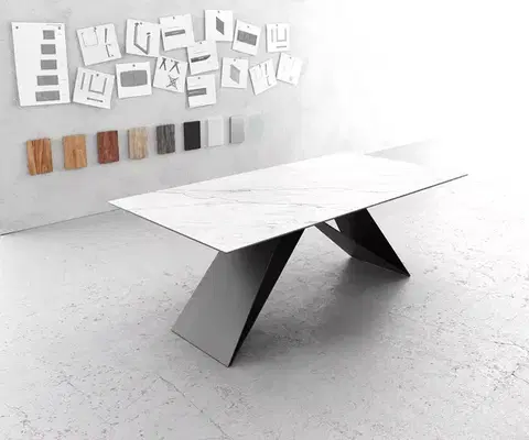 Jedálenské stoly DELIFE Jedálenský stôl Edge 200x100 cm keramika Laminam® Statuarietto biela podstava v tvare V čierna