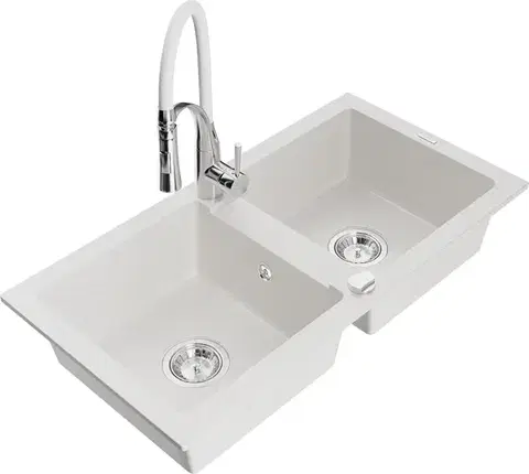 Kuchynské drezy MEXEN/S MEXEN/S - Mario granitový drez 2-bowl vrátane batérie Aster, biela 6504-20-73450-02