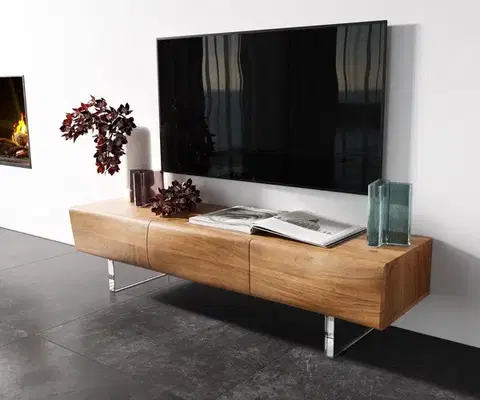 Televízne stolíky DELIFE TV stolík New Live-Edge 145 cm akácia prírodná 3 dvierka akrylová podstava