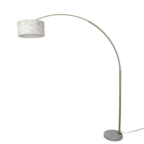 Oblúkové lampy Mosadzná stojaca lampa s bielym a béžovým pruhovaným tienidlom 50 cm - XXL