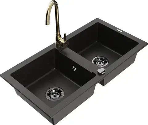 Kuchynské drezy MEXEN/S MEXEN/S - Mario granitový drez 2-bowl vrátane batérie Telma, čierna/zlatá 6504-75-670200-50-B