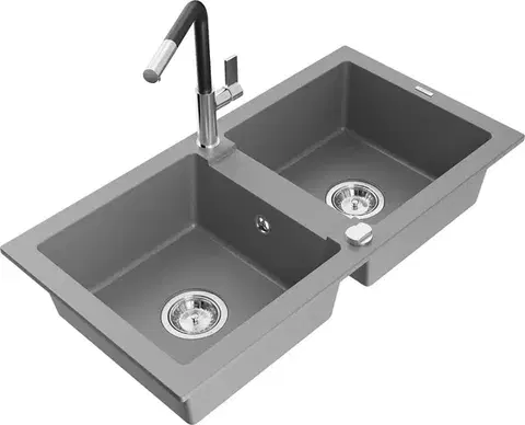 Kuchynské drezy MEXEN/S MEXEN/S - Mario granitový drez 2-bowl vrátane batérie Flora, šedá 6504-71-670401-07