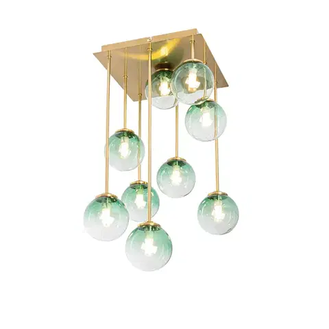 Stropné osvetlenie Art Deco stropné svietidlo zlaté so zeleným sklom 9-žiarovkové - Atény