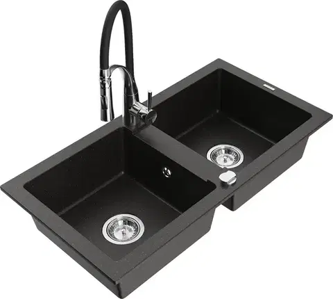 Kuchynské drezy MEXEN/S MEXEN/S - Mario granitový drez 2-bowl vrátane batérie Aster, čierna/zlatá metalik 6504-75-73450-07
