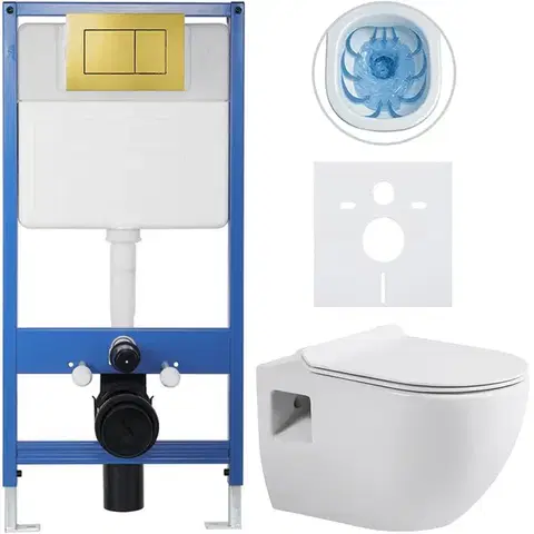 Záchody CERANO - Kompletný podomietkový WC set Lite/Dure - biela lesklá - WC tlačidlo Classic, zlatá - predstenová inštalácia / sadrokartón - 51x35 CER-671477