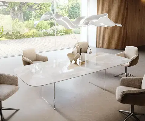 Jedálenské stoly DELIFE Jedálenský stôl Edge zaoblený tvar 270×120 cm keramika Iris FMG Onice Grigio podstava sklo