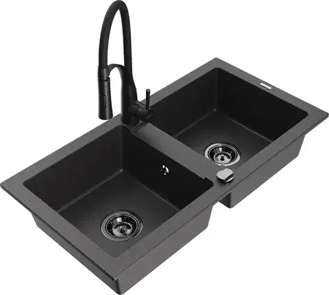 Kuchynské drezy MEXEN/S MEXEN/S - Mario granitový drez 2-bowl vrátane batérie Aster, čierna kropenatá 6504-76-73450-70-B