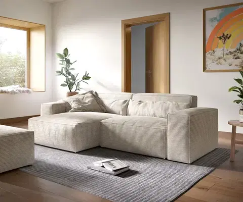 Rohové sedacie súpravy DELIFE Rohová pohovka Sirpio XL 270x170 cm manšester béžová variabilné ležadlo s taburetom