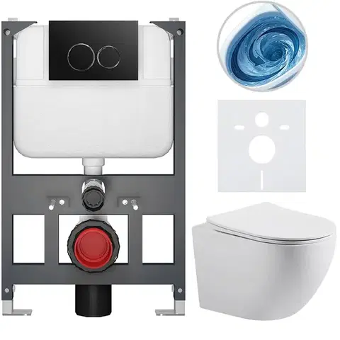 Záchody CERANO - Kompletný WC set Basic/Cesso - biela matná - WC tlačidlo Dualo/Čierna - závesné - nízky modul - predstenová inštalácia - 49x36 CER-8050BD86159