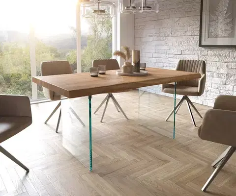 Jedálenské stoly DELIFE Jedálenský stôl Edge 160x90 XL akácia prírodná sklo Live-Edge