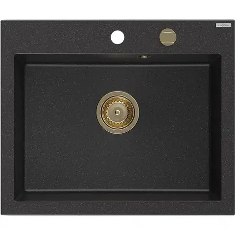 Kuchynské drezy MEXEN/S MEXEN/S - Elix granitový drez 1-miska 600 x 500 mm, čierna/strieborná metalík, sifón zlatá 6525601005-73-G