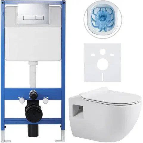 Záchody CERANO - Kompletný podomietkový WC set Lite/Dure - biela lesklá - WC tlačidlo Slim, chróm - predstenová inštalácia / sadrokartón - 51x35 CER-665890