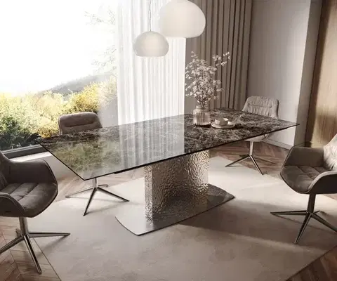 Jedálenské stoly DELIFE Jedálenský stôl Edge 180-220x100 keramika Laminam® Emperador Extra Lucidato tmavohnedá Wave nerezová oceľ rozkladací