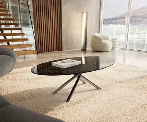Konferenčné stolíky DELIFE Konferenčný stolík Edge oválny 140x80 cm keramika Laminam® Emperador Extra Lucidato tmavohnedá Sarity nerezová oceľ kefovaná