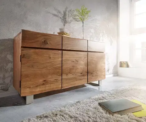 Komody DELIFE Komoda Live-Edge 147 cm akácia prírodná 3 dvierka 3 zásuvky