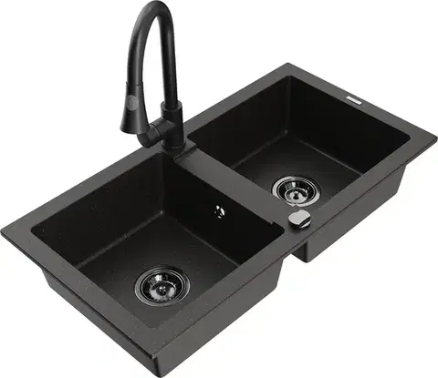 Kuchynské drezy MEXEN/S MEXEN/S - Mario granitový drez 2-bowl vrátane batérie Elia, čierna/zlatá metalik 6504-75-670101-70-B