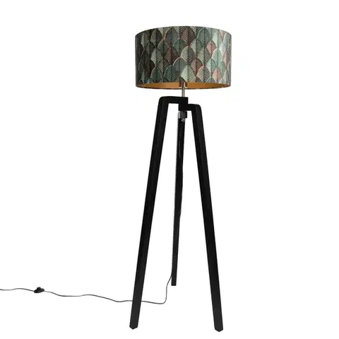 Stojace lampy Stojacia lampa čierna trojnožka s tienidlom s dizajnom listov a zlatým interiérom 50 cm - Puros