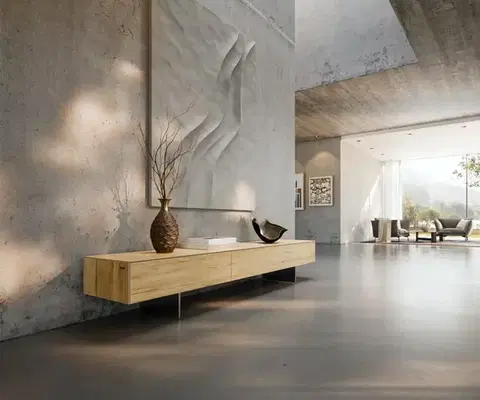 Televízne stolíky DELIFE TV stolík Cuor 200 cm keramika Laminam® Sabbia dubová farba 1 výklopné dvierka 1 zásuvka podstava závesná nerezová oceľ