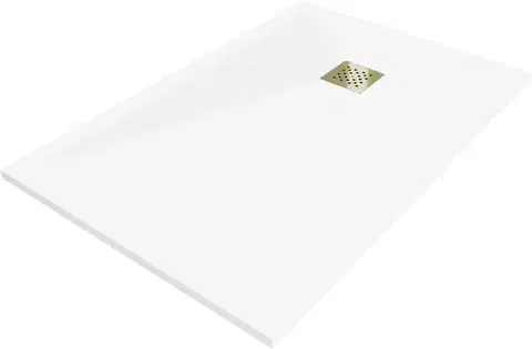 Vane MEXEN/S - Stone+ obdĺžniková sprchová vanička 90 x 80, biela, mriežka zlatá 44108090-G