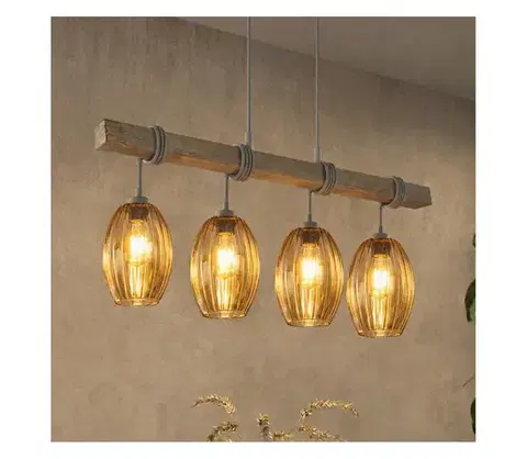 Svietidlá BRILAGI - Závesný luster na lanku WOOD GLASS 4xE27/60W/230V borovica/šedá/dymovo-hnedá EG49927A+4xNSTK7499