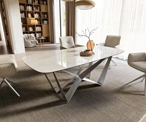 Jedálenské stoly DELIFE Jedálenský stôl Edge zaoblený tvar 200x100 cm keramika onyx šampanské pavúk plochá oceľ nerezová oceľ grafitová
