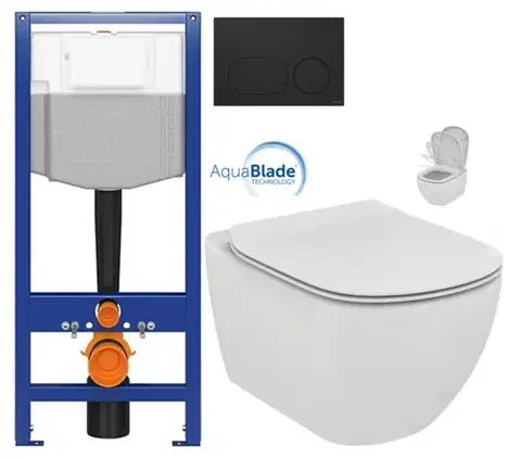 Závesné wc sety CERSANIT predstenový inštalačný systém s čiernym tlačidlom K97-0637 + WC Ideal Standard Tesi so sedadlom SoftClose, AquaBlade K97-526 0637 TE1