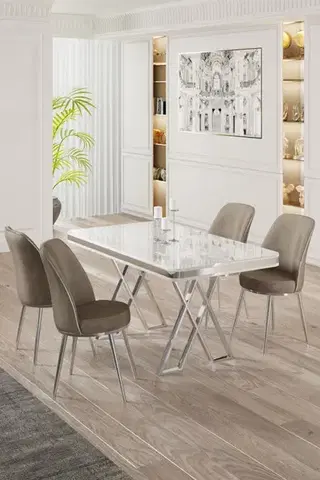 Jedálenské sety Dining Table & Chairs Set (5 Pieces) Vals - White, Chrome, Cappuccino