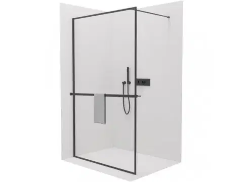 Sprchové dvere CERANO - Sprchová zástena Walk-in Moreli Ľ/P + polička/držiak na uteráky - čierna matná, transparentné sklo - 140x200 CER-543787