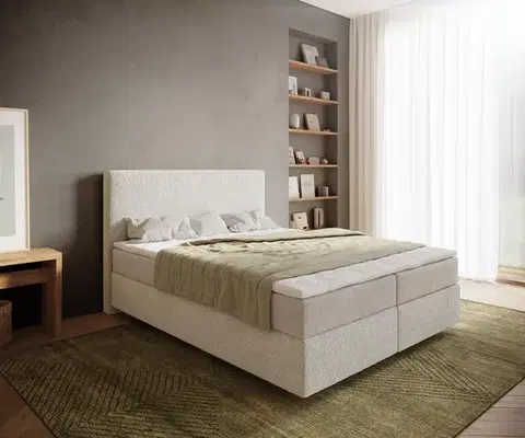 Postele Boxspring DELIFE Boxspring posteľ Dream-Well 160×200 cm bouclé krémovo biela s vreckovou pružinovou matracou a visco topperom