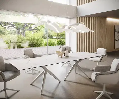 Jedálenské stoly DELIFE Jedálenský stôl Edge 300x100 keramika Laminam®Statuarietto biela Estelar okrúhly kov biela