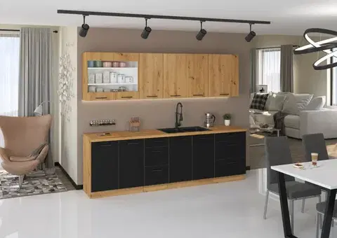 Kuchynské linky GRANDE kuchynská linka 260, dub Artisan/čierny mat
