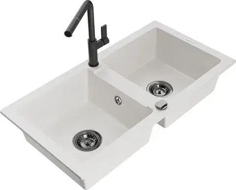 Kuchynské drezy MEXEN/S MEXEN/S - Mario granitový drez 2-bowl vrátane batérie Flora, biela 6504-20-670401-70-B