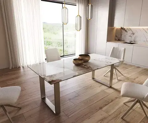 Jedálenské stoly DELIFE Jedálenský stôl Edge 200x100 keramika Minas melange bielo-béžová nerezová oceľ úzky