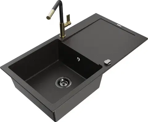 Kuchynské drezy MEXEN/S MEXEN/S - Leo granitový drez 1 s odkvapkávačom vrátane batérie Flora, čierna/zlatá metalik 6501-75-670401-57-B