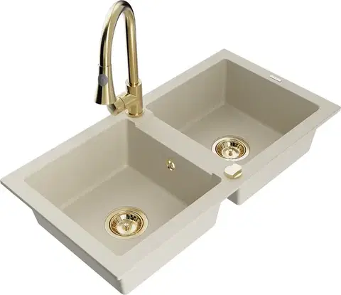 Kuchynské drezy MEXEN/S MEXEN/S - Mario granitový drez 2-bowl vrátane batérie Elia, béžová 6504-69-670101-50