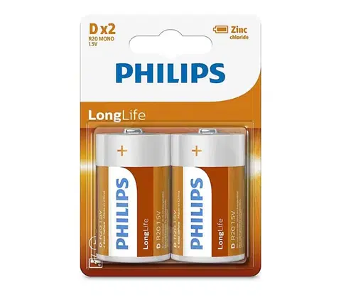 Predlžovacie káble Philips R20L2B/10 - 2 ks Zinkochloridová batéria D LONGLIFE 1,5V 5000mAh Phil-R20L2B/10