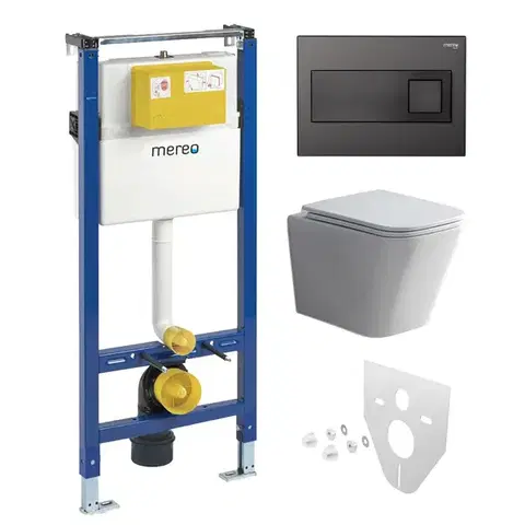 Záchody Mereo WC set - Smart flush rimless WC hranaté, modul pre sadrokartón, čierne hranaté tlačidlo MM02NSETRT331