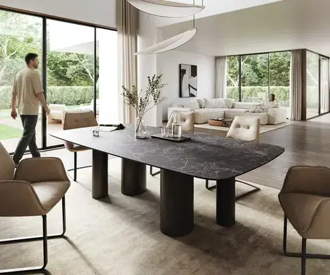 Jedálenské stoly DELIFE Jedálenský stôl Edge zaoblený 260×120 cm keramika Laminam® Nero Greco antracitová pilier kov čierna