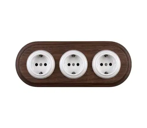 Predlžovacie káble Elhard - Trojitá keramická retro domová zásuvka so rámom SCHUKO 230V biela/drevo EF0115+3xEF0087