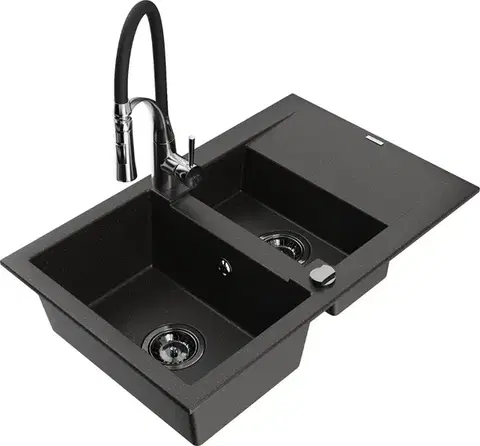 Kuchynské drezy MEXEN/S MEXEN/S - Gaspar granitový drez 1.5 s odkvapkávačom vrátane batérie Aster, čierna/zlatá metalik 6507-75-73450-07-B