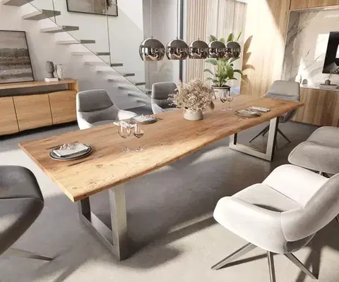 Jedálenské stoly DELIFE Jedálenský stôl Edge 300x100 akácia prírodná nerezová oceľ široký Live-Edge