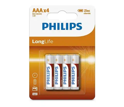 Predlžovacie káble Philips R03L4B/10 - 4 ks Zinkochloridová batéria AAA LONGLIFE 1,5V 450mAh Phil-R03L4B/10