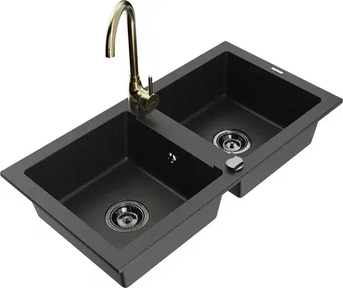 Kuchynské drezy MEXEN/S MEXEN/S - Mario granitový drez 2-bowl vrátane batérie Telma, čierna 6504-77-670200-50-B