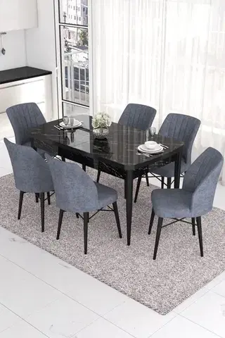 Jedálenské sety Extendable Dining Table & Chairs Set (7 Pieces) Eva - Black Marble, Fume