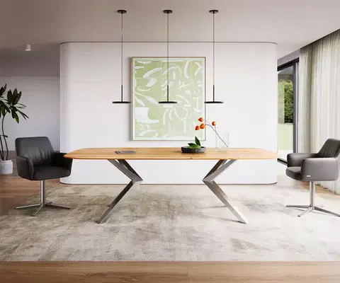 Jedálenské stoly DELIFE Jedálenský stôl Edge Boot 240x120x2,5-3 dub prírodný Zenthara hranatý nerezová oceľ švajčiarska hrana